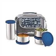 CELLO MF High Meal Combo Lunch Box Set with Bag, Blue | Set of 3 x 300ml Steel Containers + Steel Tumbler 510ml | Food Grade, Easy to Carry Air Tight Leak Proof Lunch Box Set Office, College, Travel